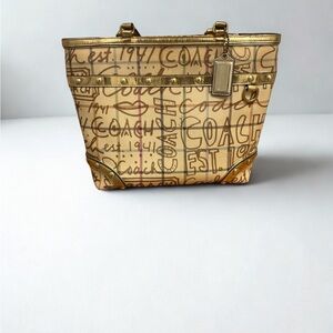 Coach Y2K F13188 Heritage Tattersall Graffiti Cream & Gold Tote Shoulder Bag
